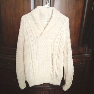 Handmade Women's Ivory Long Sleeve Shawl V-Neckline Cableknit Sweater XL